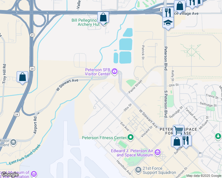 map of restaurants, bars, coffee shops, grocery stores, and more near Goodfellow St in Colorado Springs