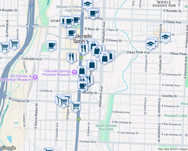 map of restaurants, bars, coffee shops, grocery stores, and more near 230 South Weber Street in Colorado Springs