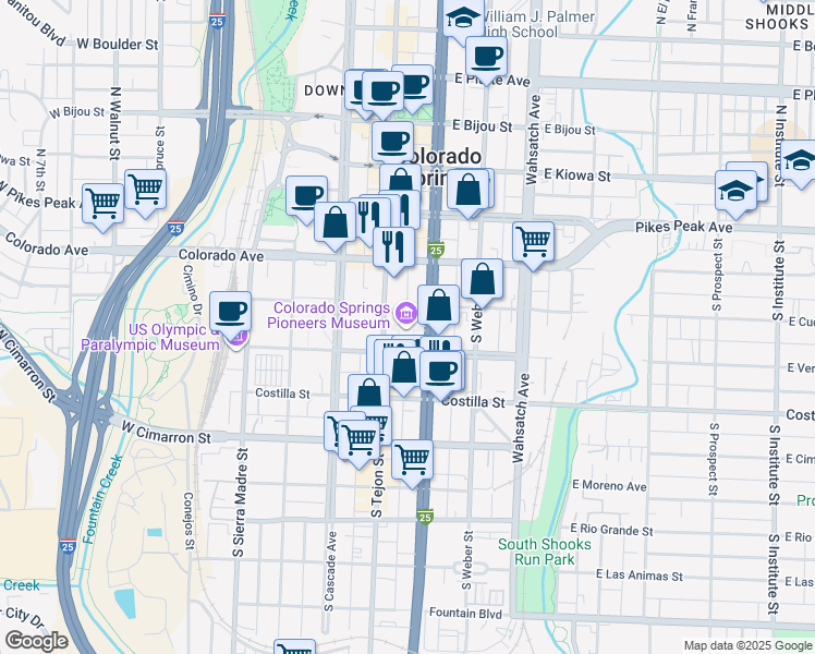 map of restaurants, bars, coffee shops, grocery stores, and more near 215 South Tejon Street in Colorado Springs