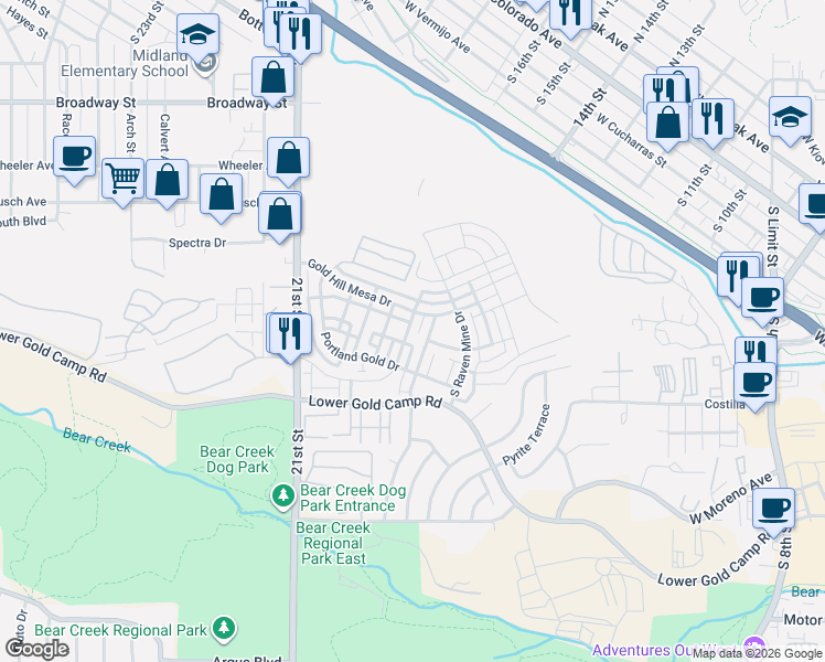 map of restaurants, bars, coffee shops, grocery stores, and more near 121 Eclipse Drive in Colorado Springs