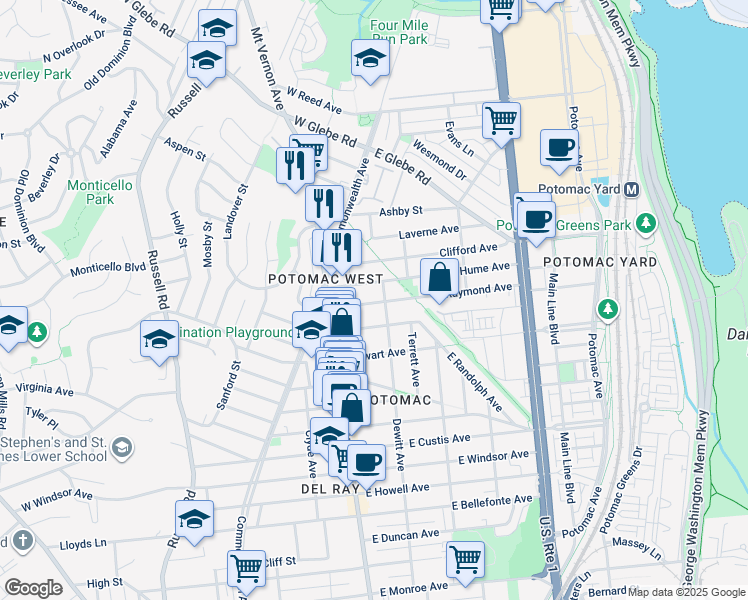 map of restaurants, bars, coffee shops, grocery stores, and more near 120 East Raymond Avenue in Alexandria