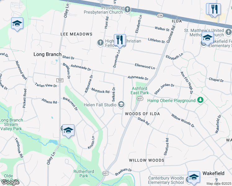 map of restaurants, bars, coffee shops, grocery stores, and more near 4307 Selkirk Drive in Fairfax