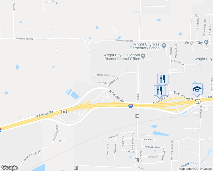 map of restaurants, bars, coffee shops, grocery stores, and more near 605 Cavalry Drive in Wright City