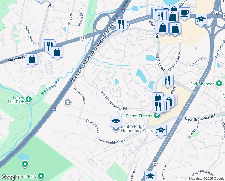 map of restaurants, bars, coffee shops, grocery stores, and more near 14290 Glade Spring Drive in Centreville