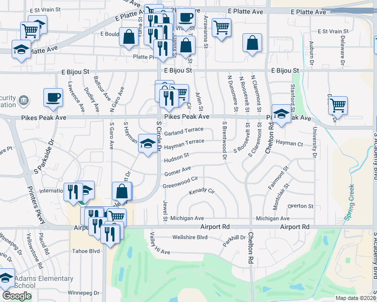 map of restaurants, bars, coffee shops, grocery stores, and more near 2918 Hudson Street in Colorado Springs