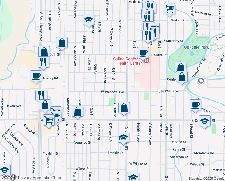 map of restaurants, bars, coffee shops, grocery stores, and more near 428 West Prescott Avenue in Salina