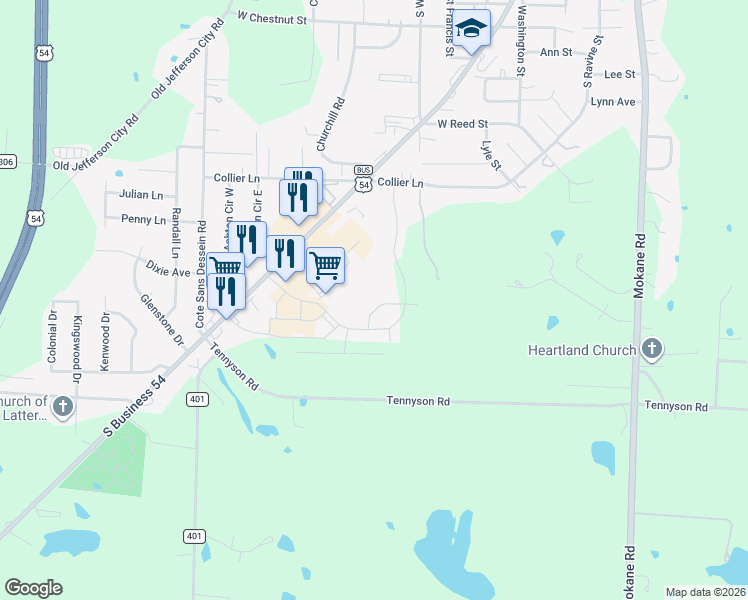map of restaurants, bars, coffee shops, grocery stores, and more near 531 Commons Drive in Fulton