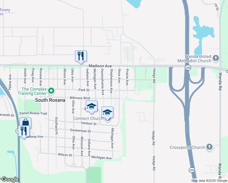 map of restaurants, bars, coffee shops, grocery stores, and more near 300 Stephenson Avenue in South Roxana