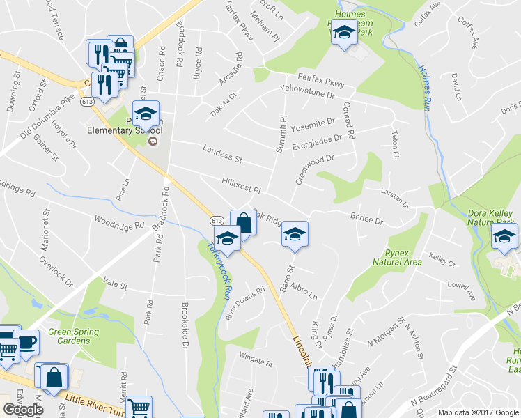 map of restaurants, bars, coffee shops, grocery stores, and more near 6344 Oak Ridge Drive in Alexandria