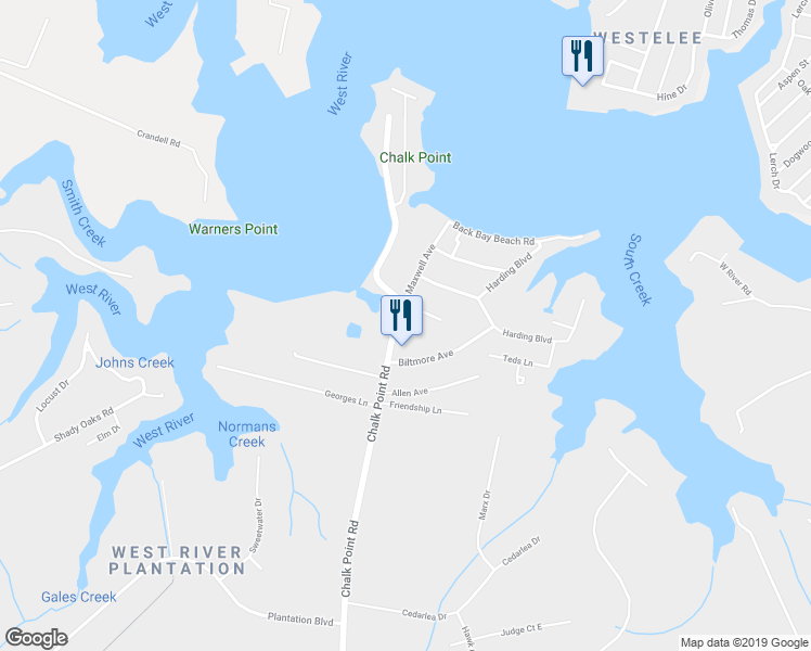 map of restaurants, bars, coffee shops, grocery stores, and more near 5033 Chalk Point Road in West River