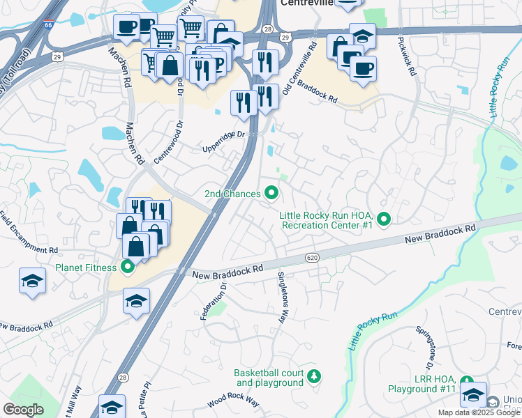 map of restaurants, bars, coffee shops, grocery stores, and more near 14013 Tanners House Way in Centreville