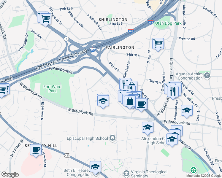 map of restaurants, bars, coffee shops, grocery stores, and more near 2416 North Dearing Street in Alexandria