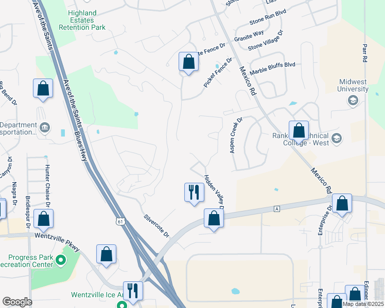 map of restaurants, bars, coffee shops, grocery stores, and more near 1190 Evergreen Court in Wentzville