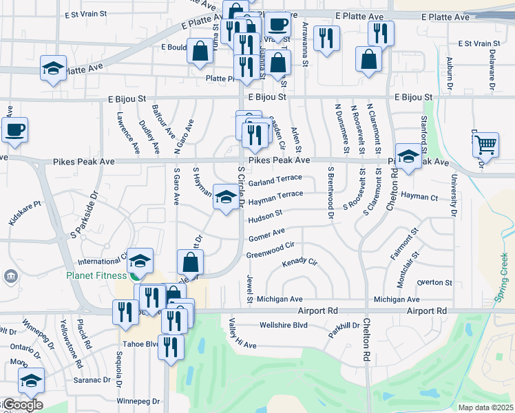 map of restaurants, bars, coffee shops, grocery stores, and more near 2815 Hayman Terrace in Colorado Springs