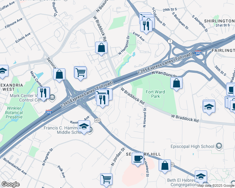 map of restaurants, bars, coffee shops, grocery stores, and more near 2205 North Van Dorn Street in Alexandria
