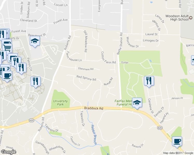 map of restaurants, bars, coffee shops, grocery stores, and more near 10161 Red Spruce Rd in Fairfax