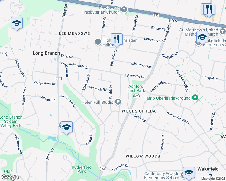 map of restaurants, bars, coffee shops, grocery stores, and more near 4307 Selkirk Drive in Fairfax