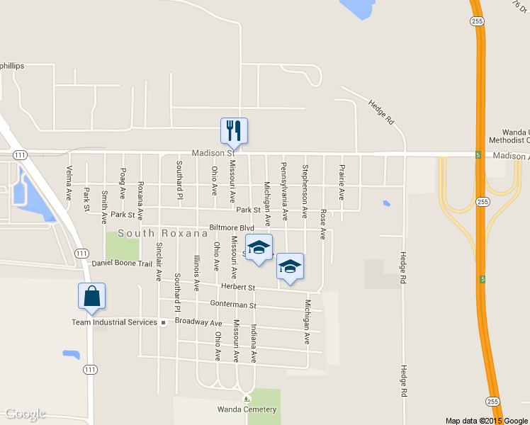 map of restaurants, bars, coffee shops, grocery stores, and more near 301 Michigan Avenue in South Roxana