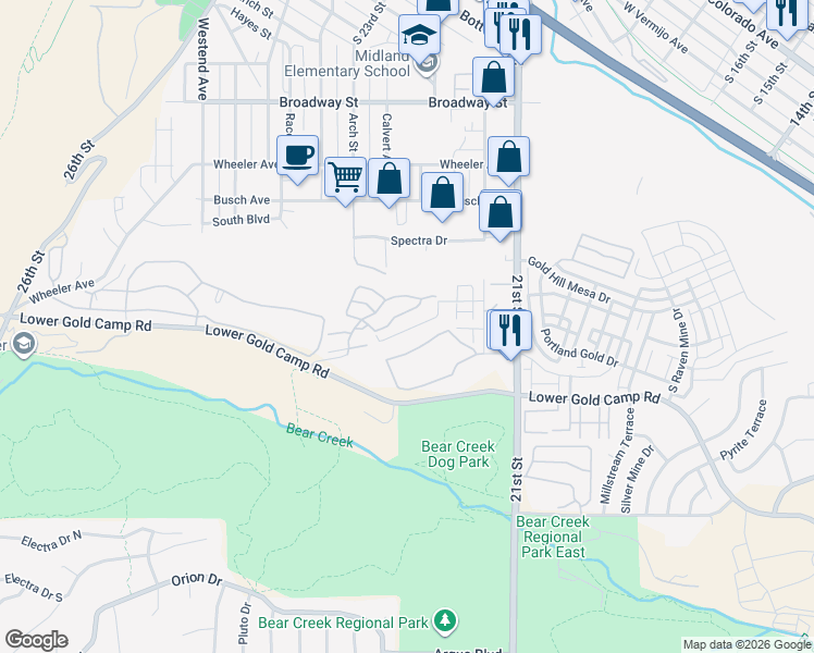 map of restaurants, bars, coffee shops, grocery stores, and more near 2502 Wheaton Drive in Colorado Springs