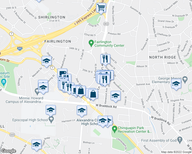 map of restaurants, bars, coffee shops, grocery stores, and more near 3523 South Stafford Street in Arlington