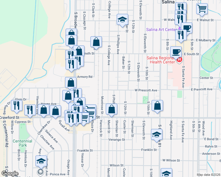 map of restaurants, bars, coffee shops, grocery stores, and more near 549 South College Avenue in Salina