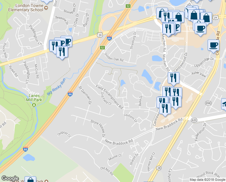 map of restaurants, bars, coffee shops, grocery stores, and more near 6301 Meadow Glade Lane in Centreville