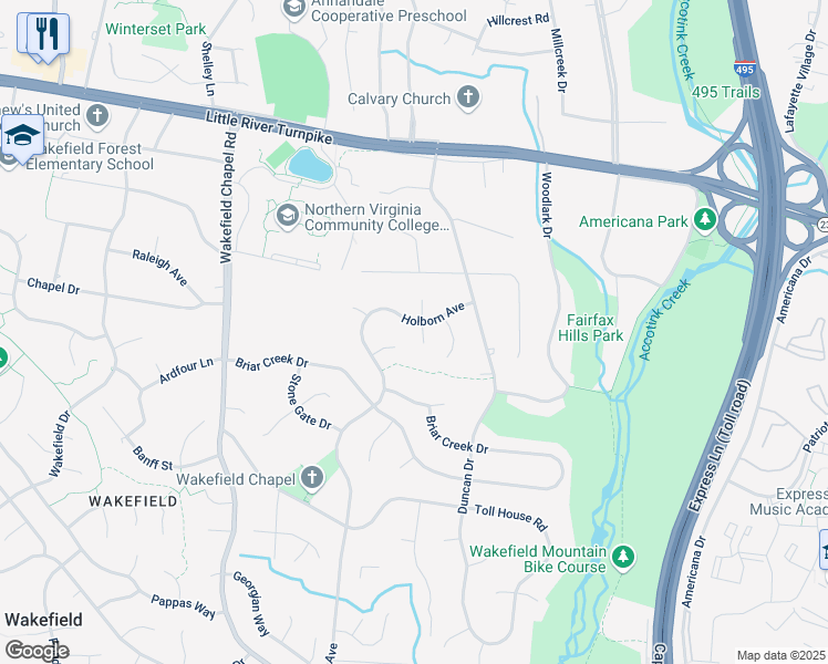 map of restaurants, bars, coffee shops, grocery stores, and more near 4300 South Valiant Court in Annandale