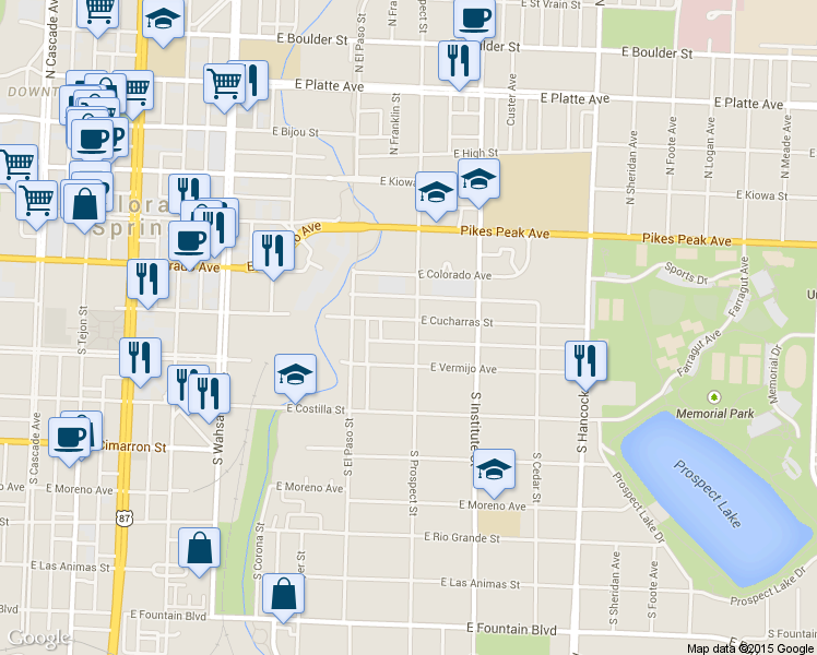 map of restaurants, bars, coffee shops, grocery stores, and more near 749 E Cucharras St in Colorado Springs