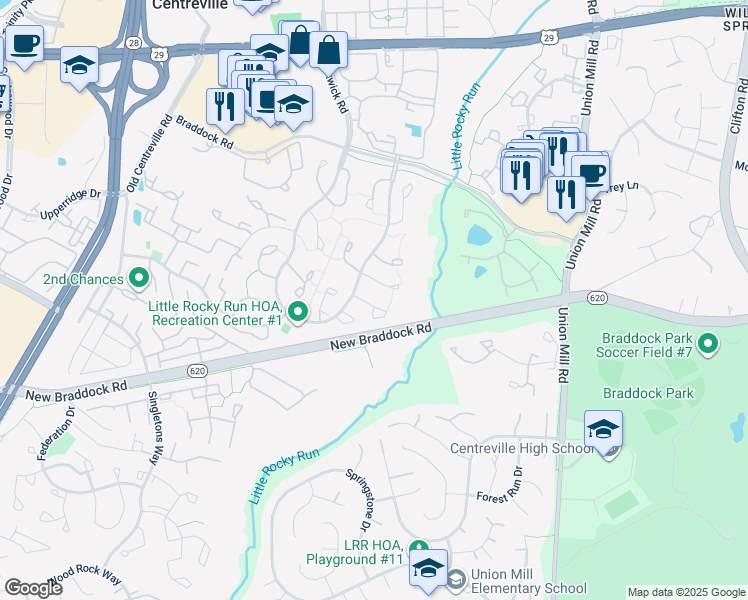 map of restaurants, bars, coffee shops, grocery stores, and more near 13666 Barren Springs Court in Centreville