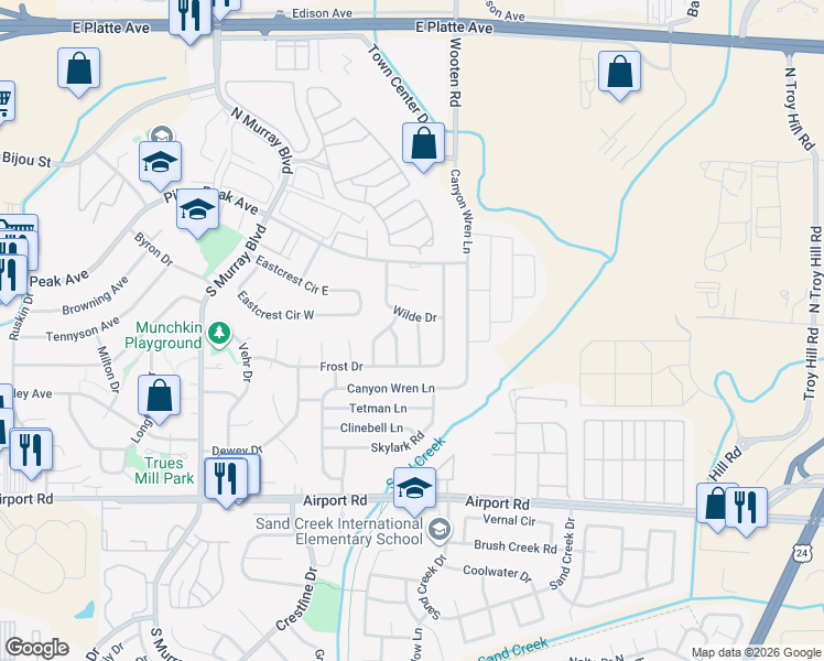 map of restaurants, bars, coffee shops, grocery stores, and more near 108 Henley Lane in Colorado Springs