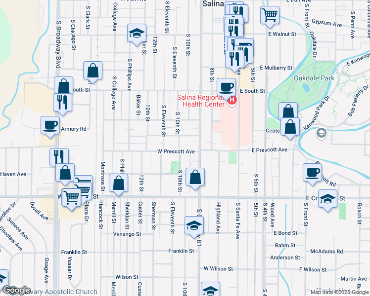map of restaurants, bars, coffee shops, grocery stores, and more near 428 West Prescott Avenue in Salina