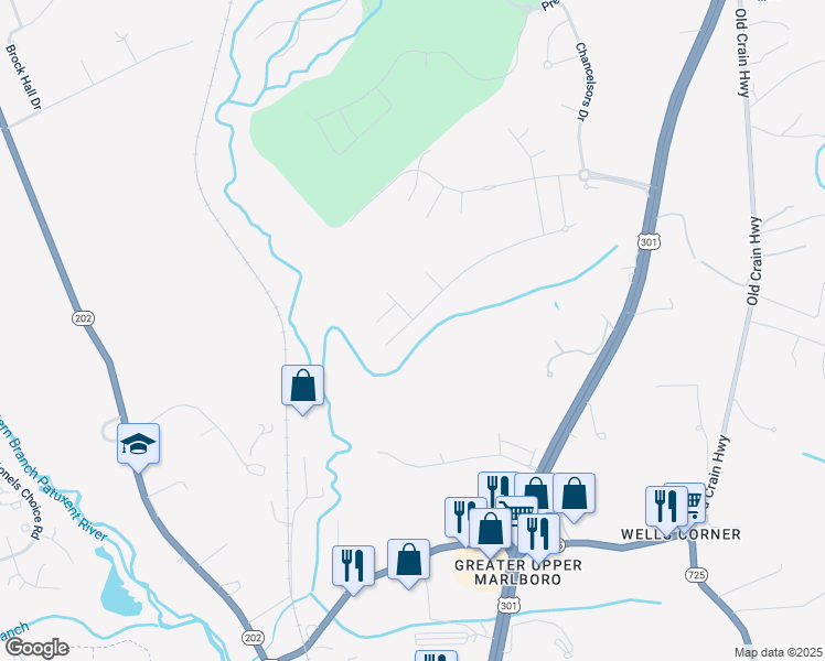 map of restaurants, bars, coffee shops, grocery stores, and more near 15311 Sir Edwards Drive in Upper Marlboro