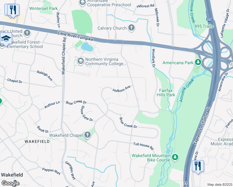 map of restaurants, bars, coffee shops, grocery stores, and more near 4300 South Valiant Court in Annandale