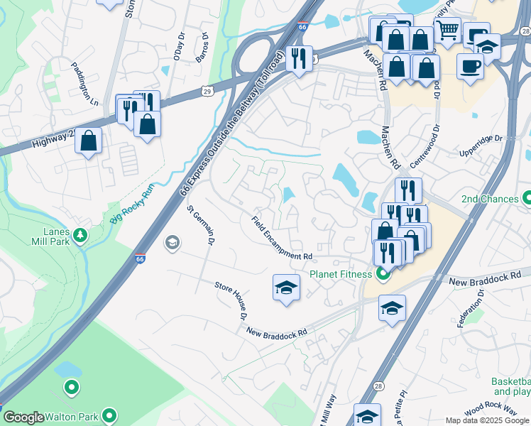 map of restaurants, bars, coffee shops, grocery stores, and more near 6301 Meadow Glade Lane in Centreville