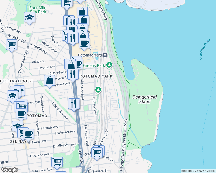 map of restaurants, bars, coffee shops, grocery stores, and more near 1864 Potomac Greens Drive in Alexandria