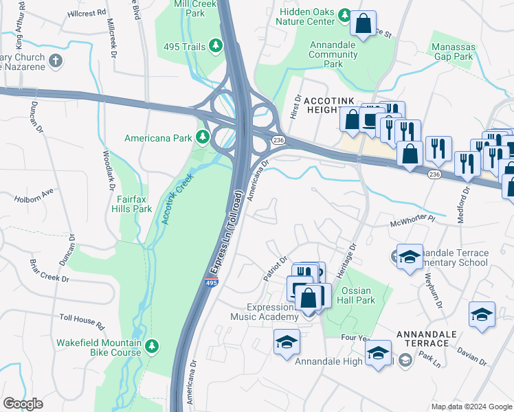 map of restaurants, bars, coffee shops, grocery stores, and more near 4303 Americana Drive in Annandale