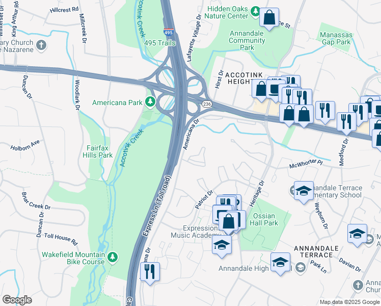 map of restaurants, bars, coffee shops, grocery stores, and more near 4303 Americana Drive in Annandale