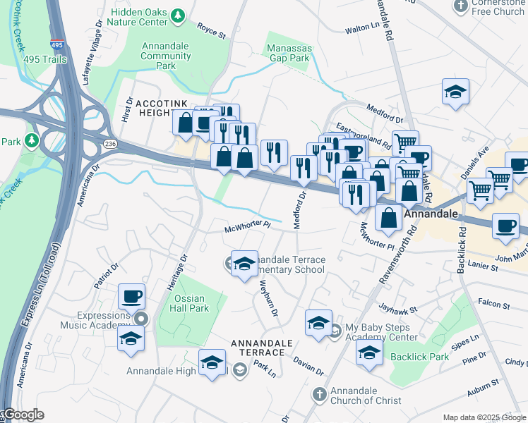 map of restaurants, bars, coffee shops, grocery stores, and more near 4339 Wedgewood Drive in Annandale