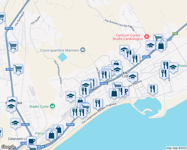 map of restaurants, bars, coffee shops, grocery stores, and more near 49 Via Lamezia Terme in Catanzaro