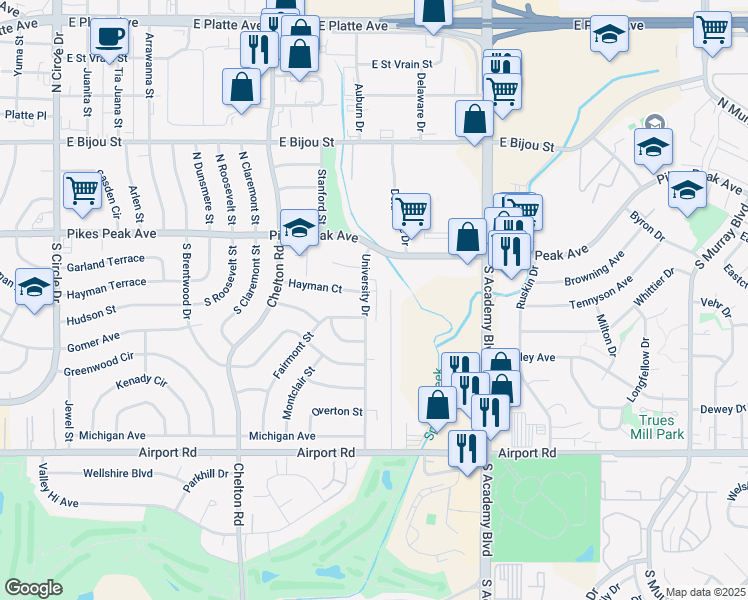 map of restaurants, bars, coffee shops, grocery stores, and more near 3649 Hayman Court in Colorado Springs