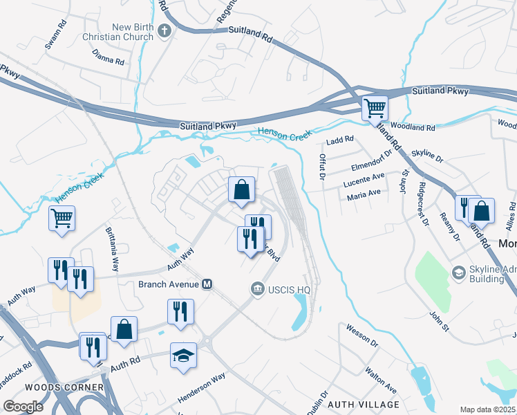 map of restaurants, bars, coffee shops, grocery stores, and more near 4301 Midtown Sq. in Camp Springs