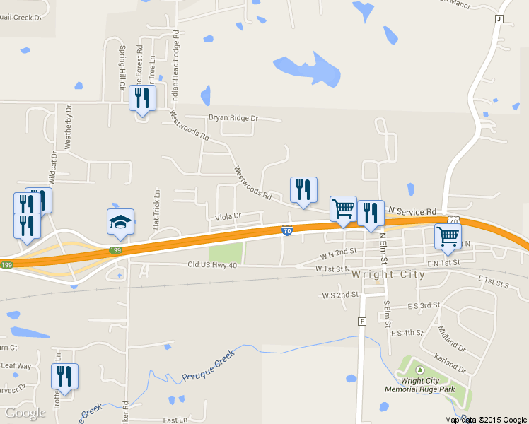 map of restaurants, bars, coffee shops, grocery stores, and more near 98 Viola Drive in Wright City