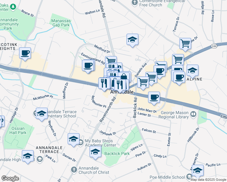 map of restaurants, bars, coffee shops, grocery stores, and more near 7311 Little River Turnpike in Annandale