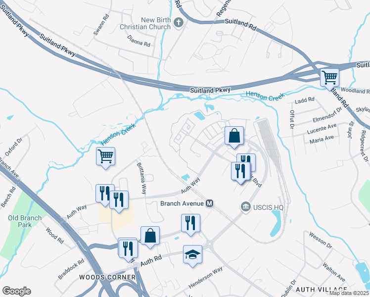 map of restaurants, bars, coffee shops, grocery stores, and more near 5316 Hartfield Avenue in Camp Springs