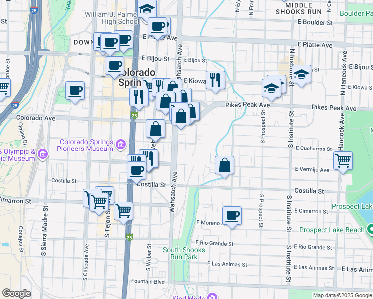 map of restaurants, bars, coffee shops, grocery stores, and more near 423 East Cucharras Street in Colorado Springs
