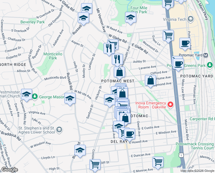 map of restaurants, bars, coffee shops, grocery stores, and more near 34 Ancell Street in Alexandria