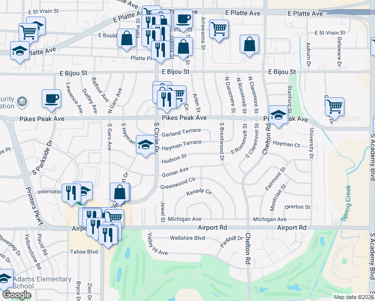 map of restaurants, bars, coffee shops, grocery stores, and more near 2918 Hudson Street in Colorado Springs