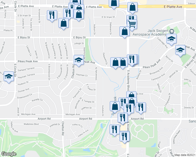 map of restaurants, bars, coffee shops, grocery stores, and more near 3649 Hayman Court in Colorado Springs