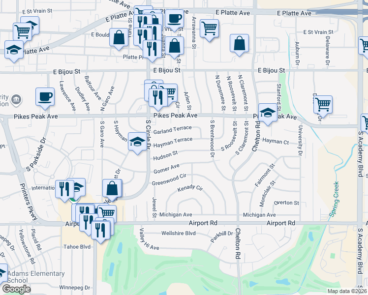 map of restaurants, bars, coffee shops, grocery stores, and more near 2918 Hudson Street in Colorado Springs