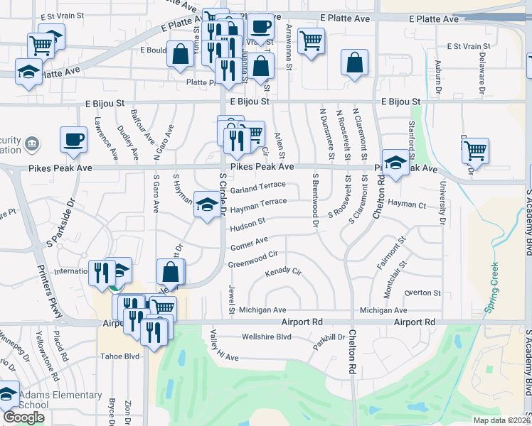 map of restaurants, bars, coffee shops, grocery stores, and more near 2918 Hudson Street in Colorado Springs
